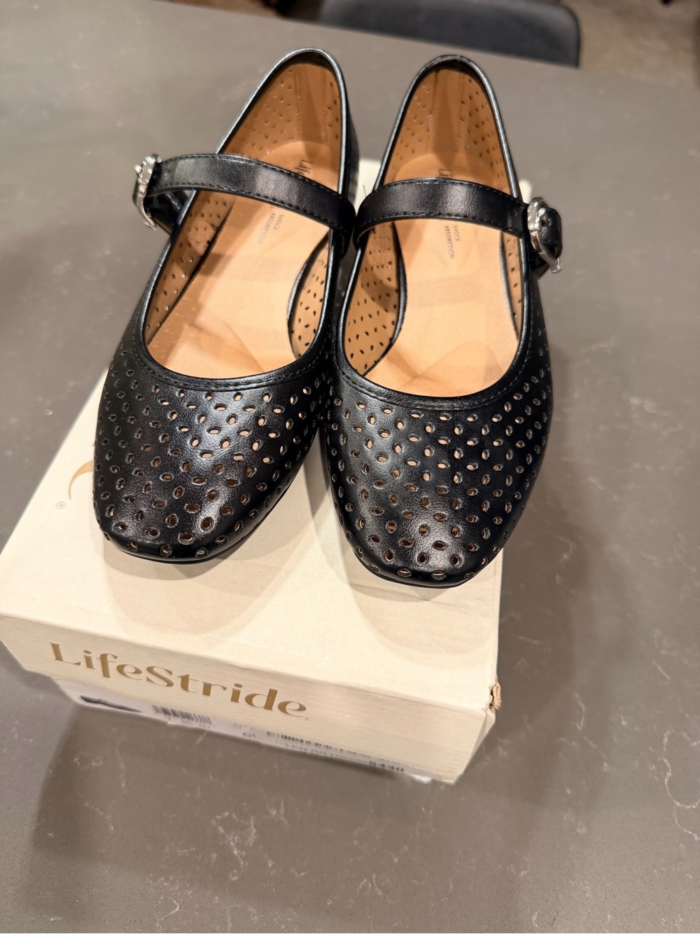 LifeStride Black Perforated Mary Jane Flats with Buckle Accent